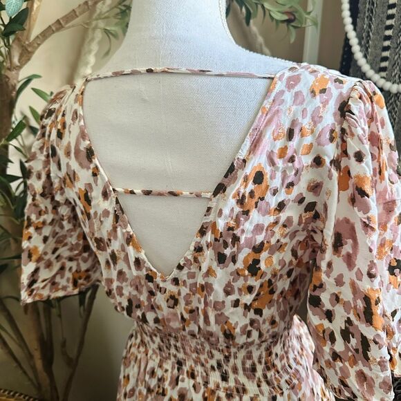 Lola Grace Pink Orange Leopard Print Button Down Smocked Flutter Sleeve Dress - Picture 6 of 10